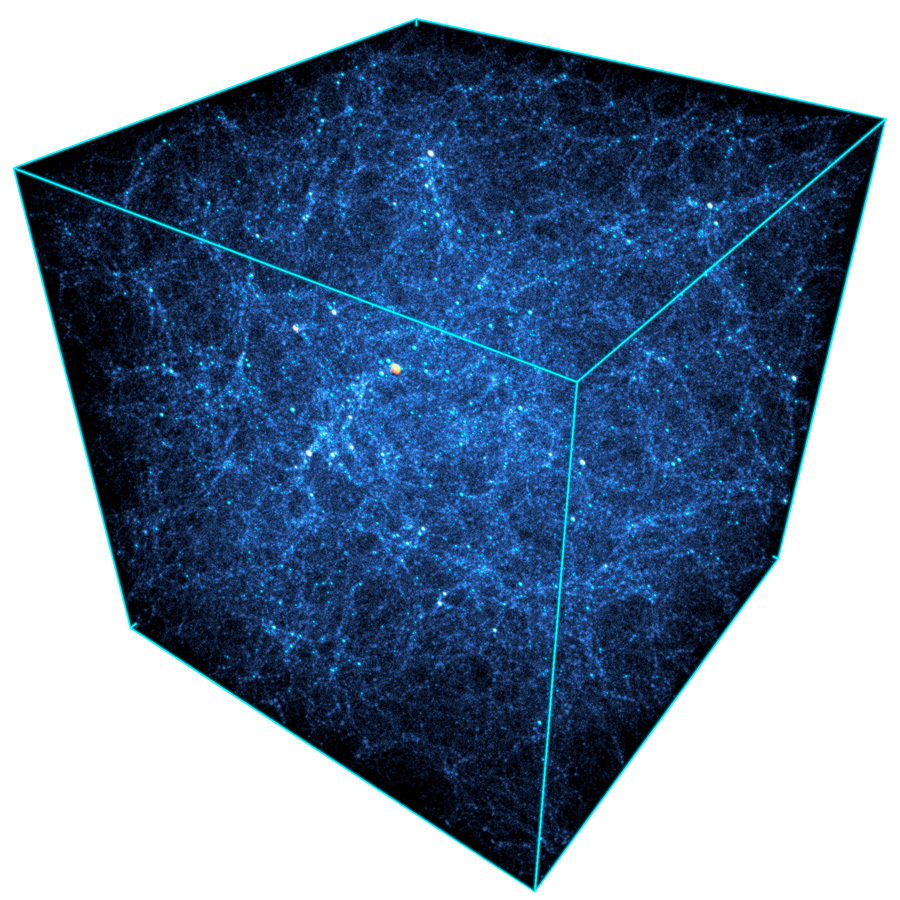 Dark matter halo distribution from the Outer Rim simulation carried out on 32 racks of Mira with the Hardware/Hybrid Accelerated Cosmology Code (HACC).