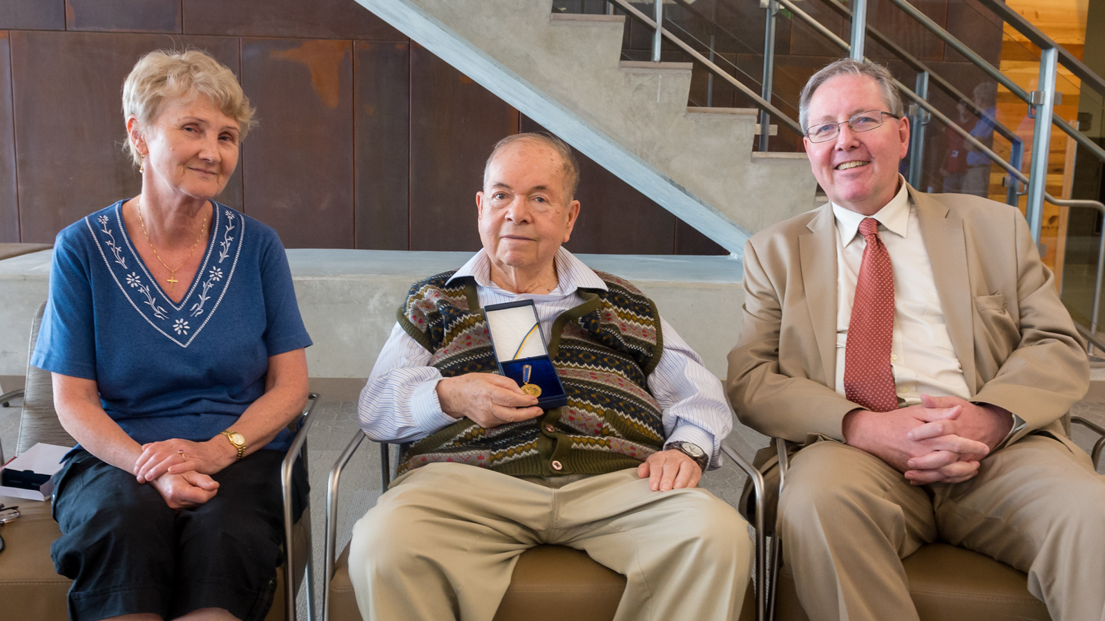 Abrikosov is pictured here with his wife, Svetlana Yuriyevna Bunkova, and former Argonne Director Peter Littlewood at a 2015 celebration in honor of Abrikosov receiving the Gold Medal of Vernadsky from the National Academy of Sciences of the Ukraine.