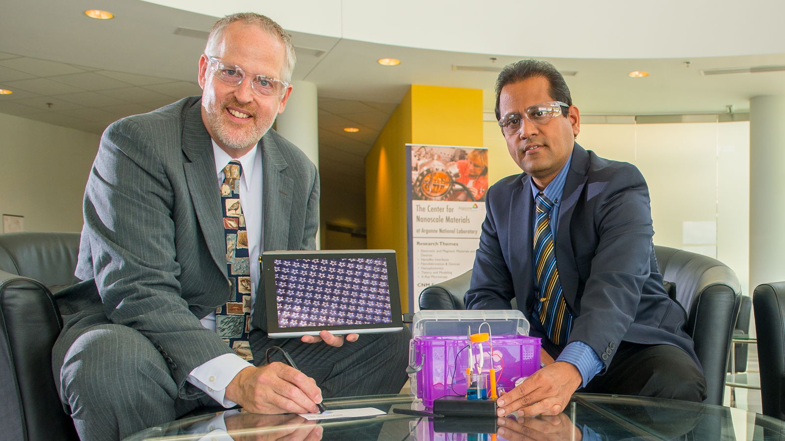 Argonne researcher Ani Sumant  and former Center for Nanoscale Materials facility user Mike Zach (left) developed a simple method that enables students to mass produce micro- and nanowires on a reusable diamond template. 
