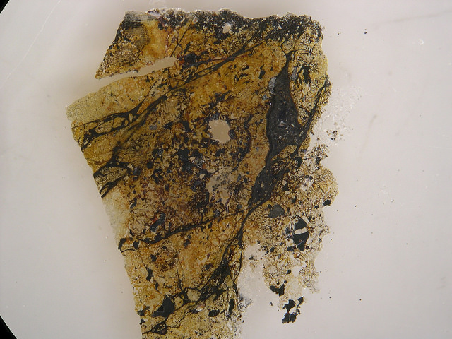 A section of meteorite that landed in Australia in 1879. Bridgmanite was formed and trapped in the dark veins from the intense, quick shock of asteroid collisions. A team of scientists clarified the definition of Bridgmanite, a high-density form of magnesium iron silicate and the Earth's most abundant mineral – using Argonne National Laboratory's Advanced Photon Source. Image credit: Tschauneret et al, Science (2014).
