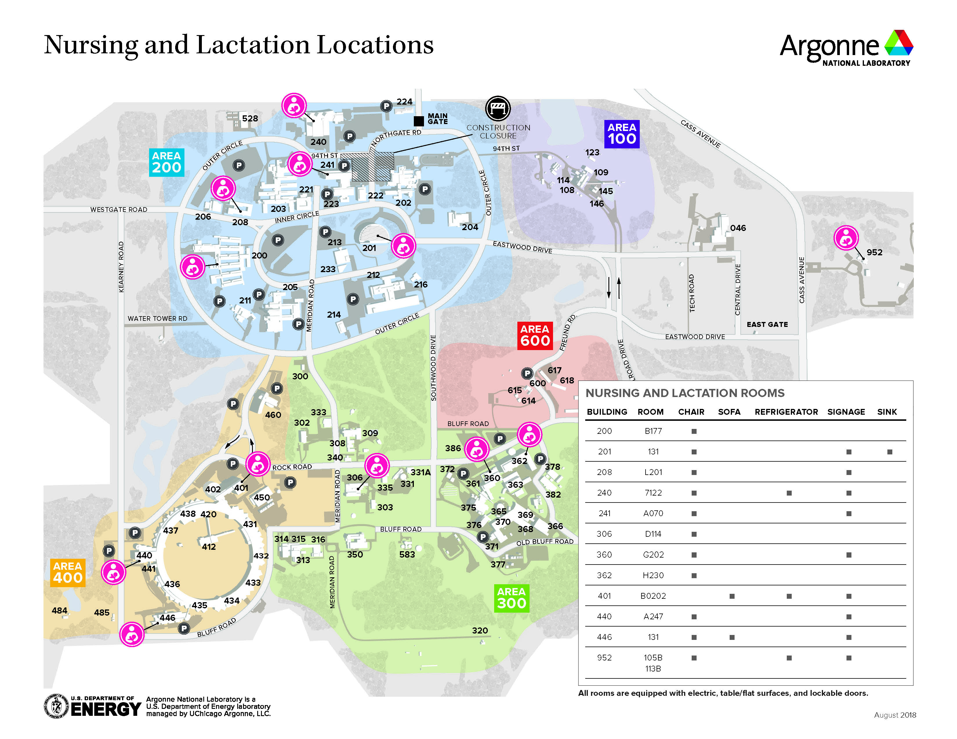 argonne campus map with locations for the nursing and lactation rooms available