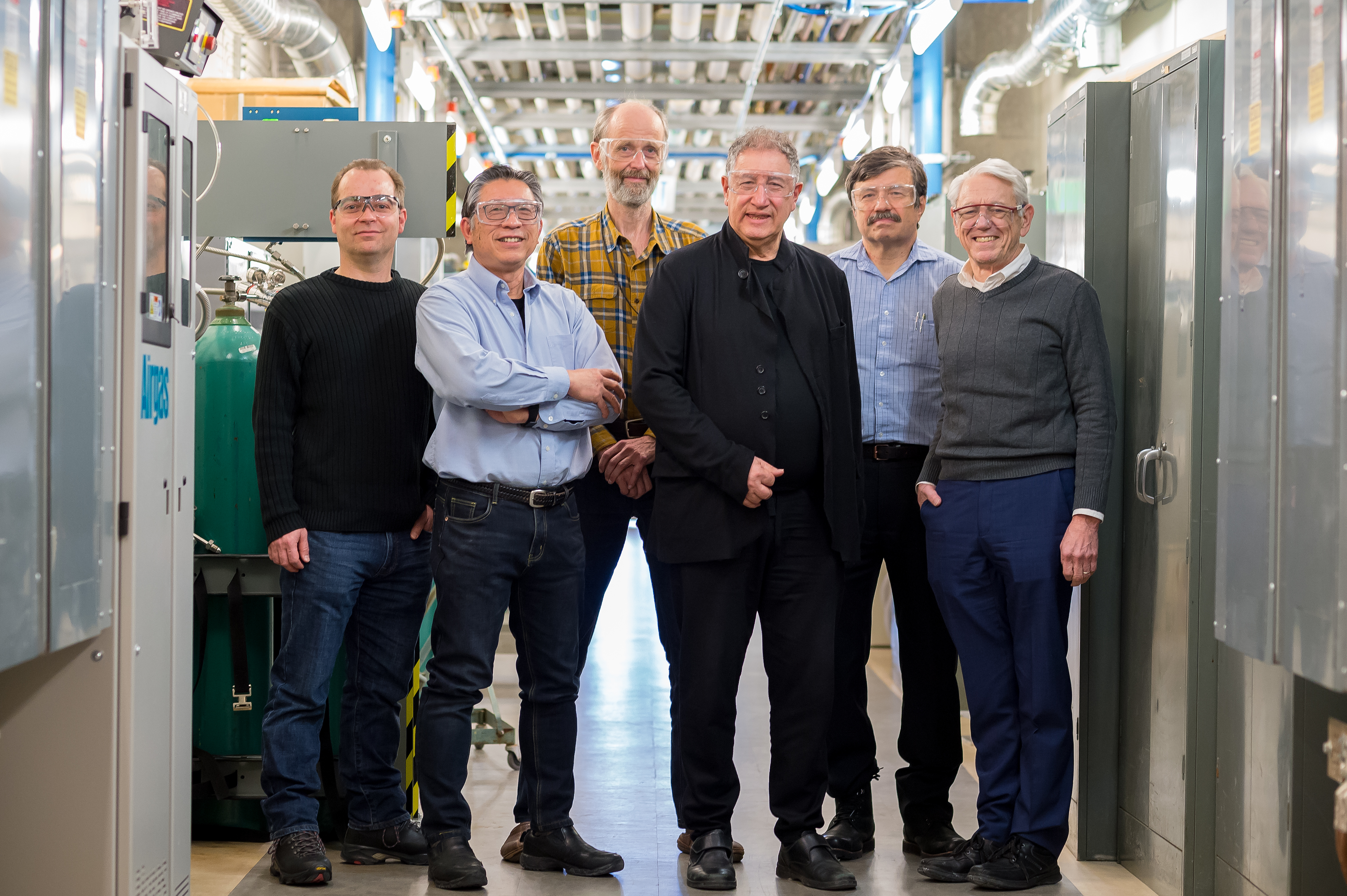 Vinokur and some of his Argonne colleagues who have contributed to Vinokur’s research throughout his career; From left to right: Andreas Glatz, Wai Kwok (Vinokur’s group leader), Ulrich Welp, Valerii Vinokur, Alexei Koshelev and George Crabtree (Vinokur’s previous group leader); Koshelev and Glatz are part of Vinokur’s Quantum Mesoscopic Materials team. (Image by Argonne National Laboratory.)
