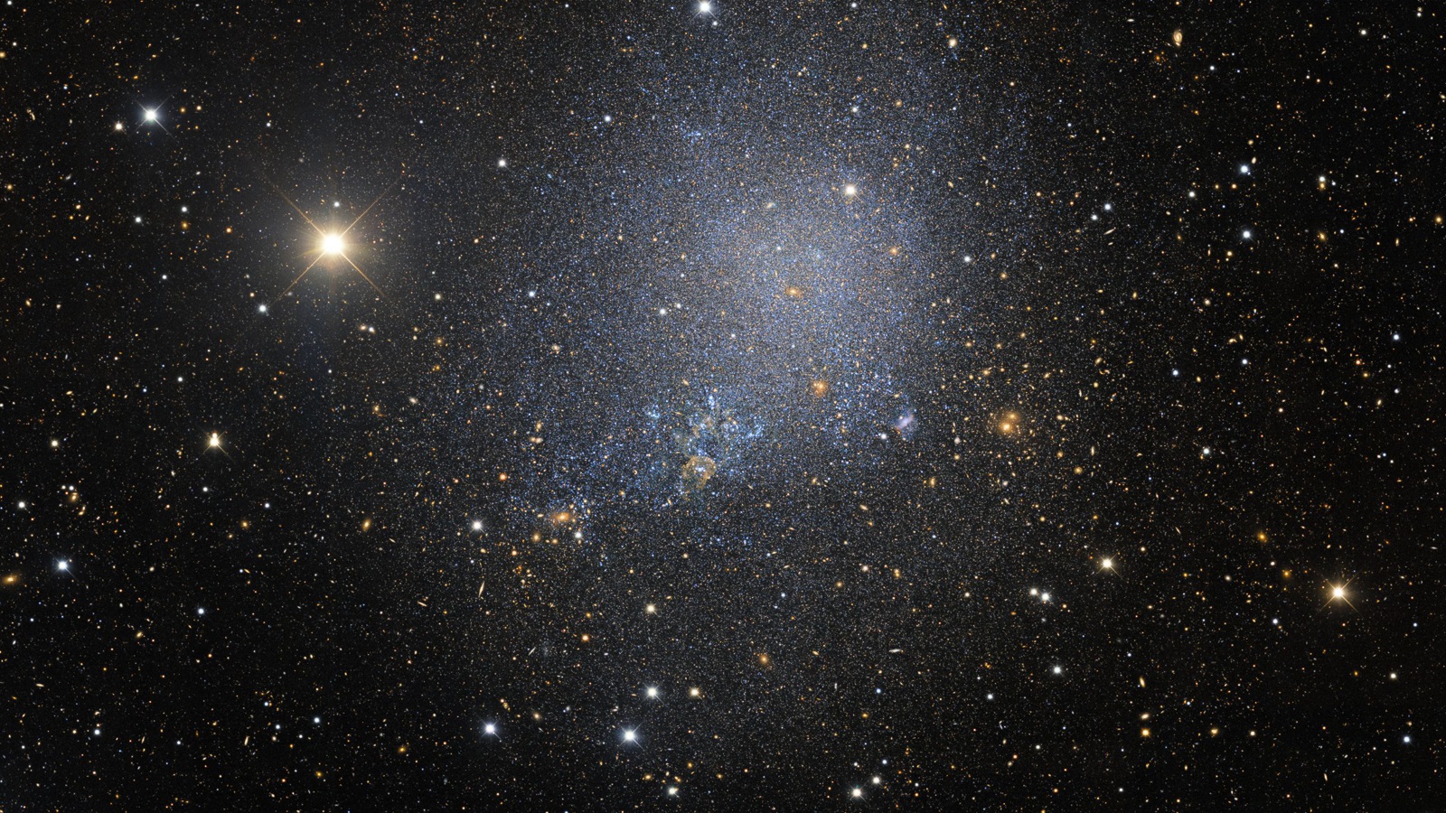 This irregular dwarf galaxy, named IC 1613, contains 100 million stars. It is a member of our Local Group of galaxy neighbors, a collection which includes our Milky Way. (Image by the Dark Energy Survey team.)