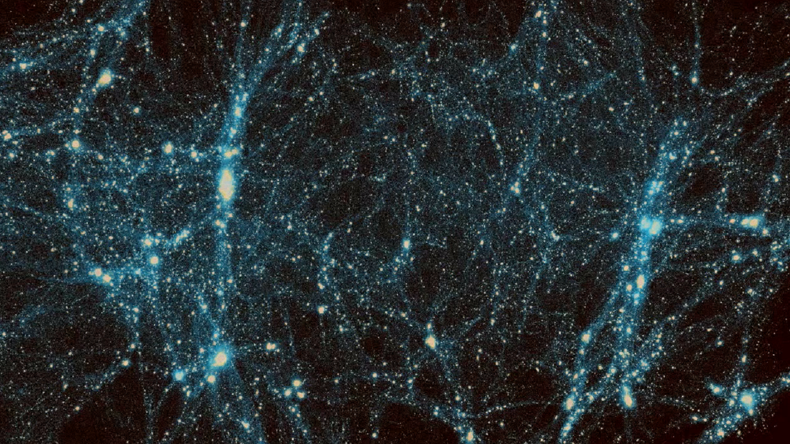 Dark matter distribution from a high-resolution cosmological simulation. On large scales, the density follows a characteristic "cosmic web" pattern; on small scales, high density regions attract normal matter that may host any number of galaxies, depending on the dark matter-dominated region’s mass. (Argonne HACC team [simulation]; Joe Insley and Silvio Rizzi [visualization].)