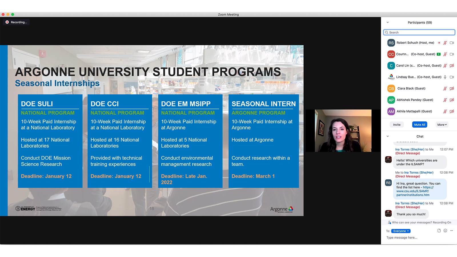 As students learned about the different internships, they had many questions to ask in the chat tab. (Image by Educational Programs and Outreach.)