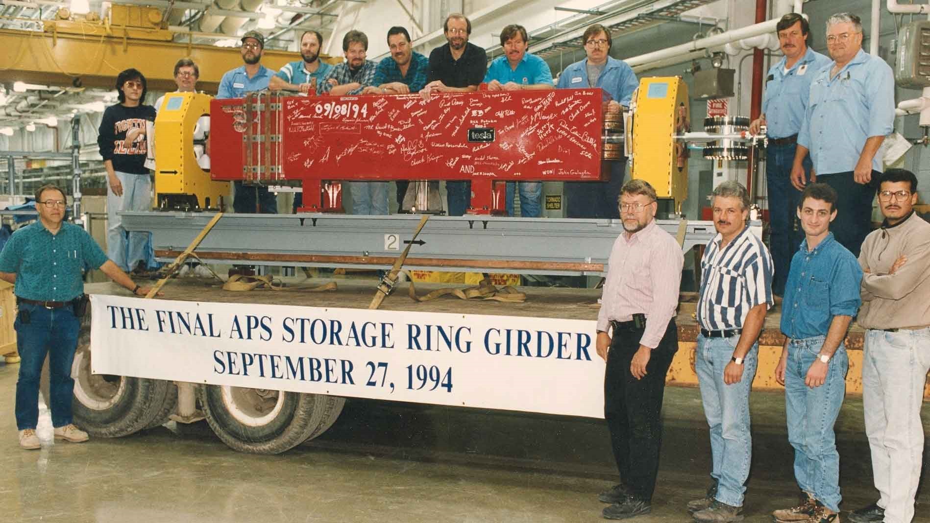 People surrounding a large magnet in 1994. 