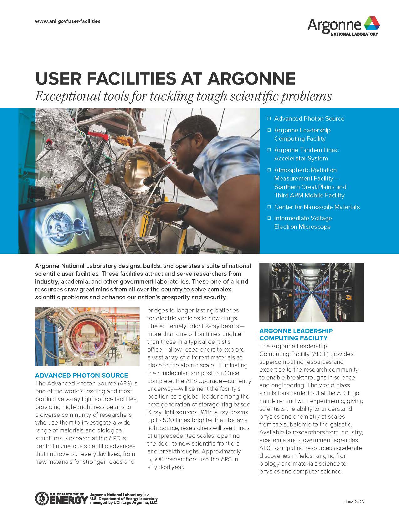 Header image of male scientist working on science equipment on factsheet for Argonne National Laboratory.