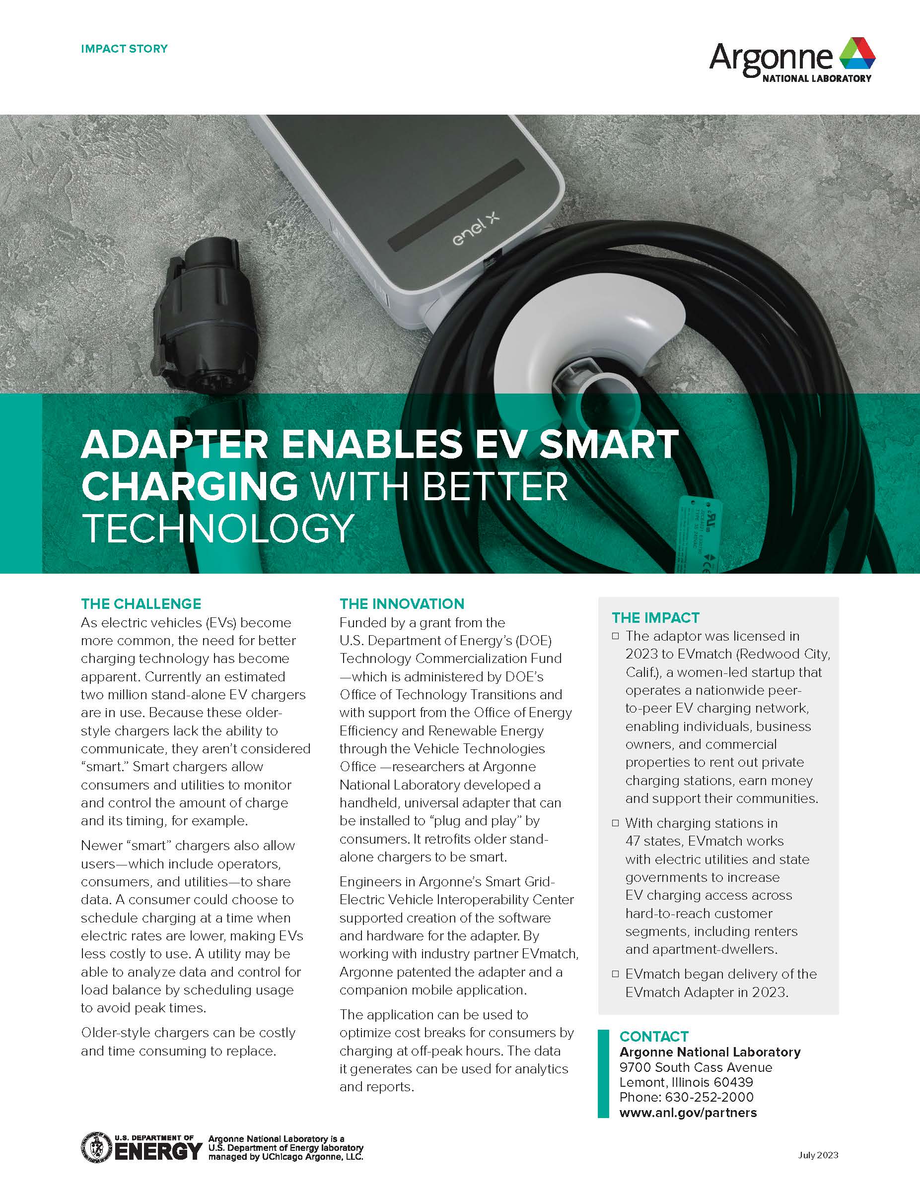 Adapter Enables EV Smart Charging with Better Technology fact sheet for Argonne National Laboratory