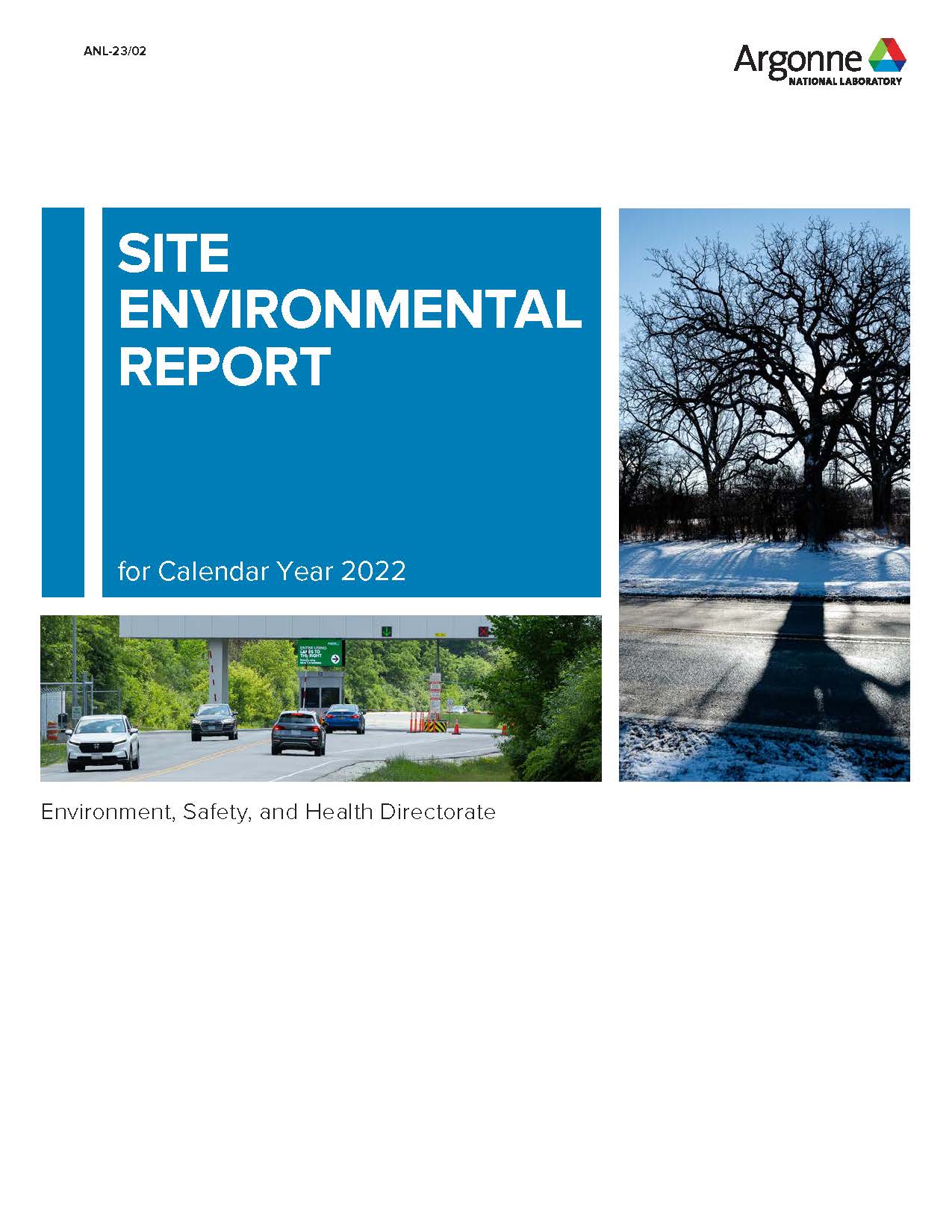 The cover of the 2022 Argonne Site Environmental Report with an image of cars driving in opposite directions on a road and trees in the snow beside an empty road. 