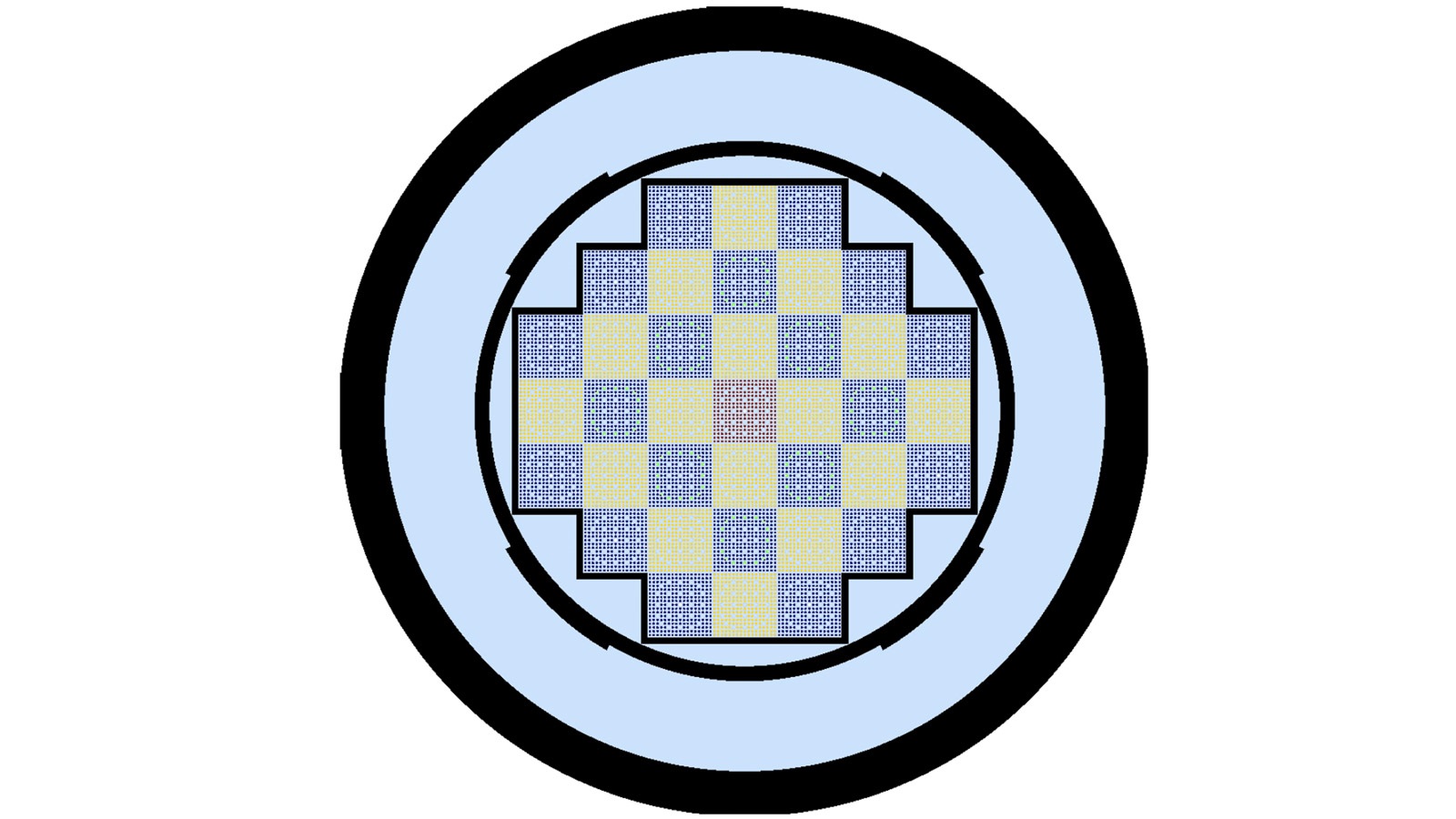 A blue circle with checkerboard-like segmentation representing the individual pins in a nuclear reactor core.