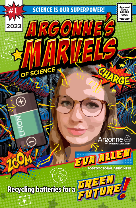 Scientist Eva Allen is depicted in comic-book style art in front of the Aurora supercomputer.
