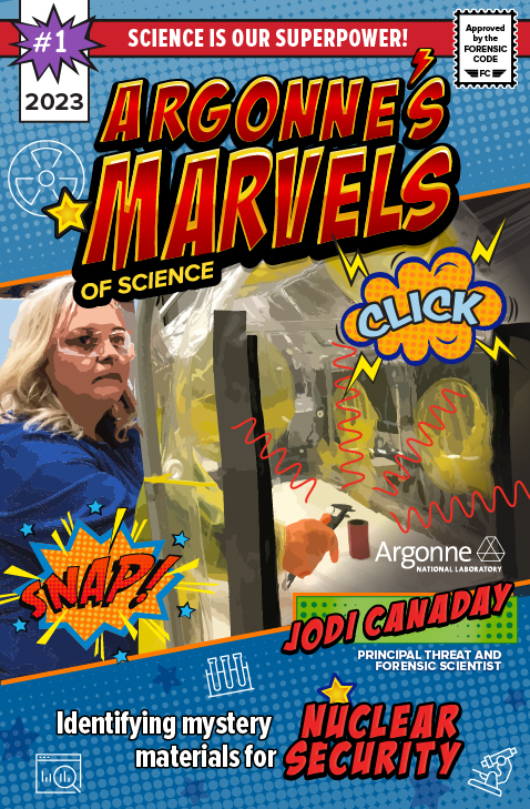 Principle threat and forensic scientist Jodi Canaday is depicted in comic-book style art as she demonstrates how she studies potentially hazardous materials.