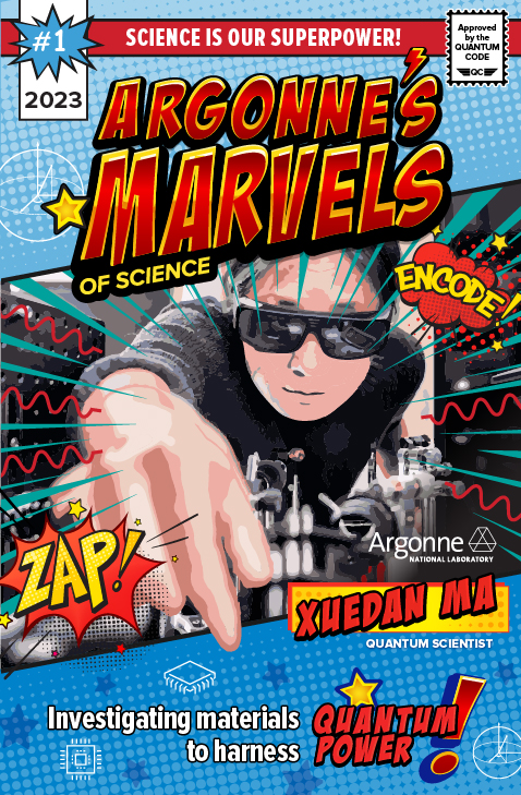 Quantum scientist Xuedan Ma is depicted in comic-book style art as she demonstrates how she tests quantum materials.