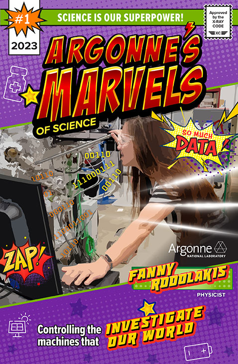 Physicist Fanny Rodolakis is depicted in comic-book style art as she works at a computer.