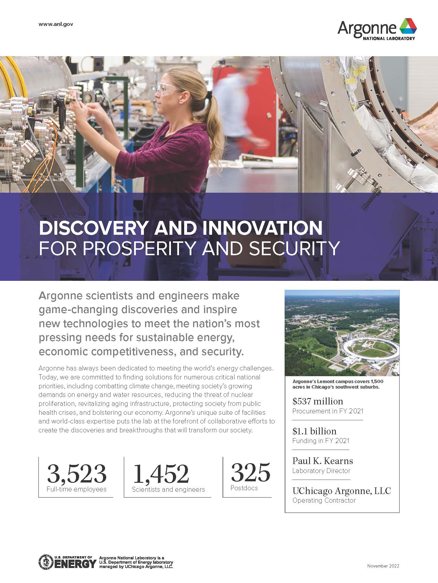 Header image of female scientist working in a lab on overview factsheet for Argonne National Laboratory.