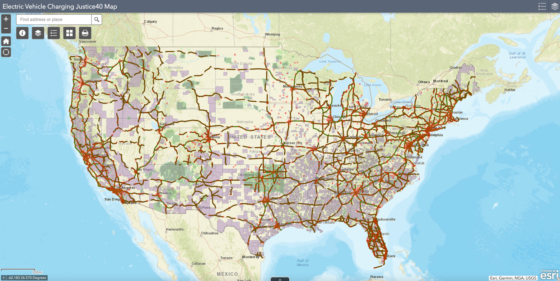 Electric Vehicle Charging Justice40 Map screenshot
