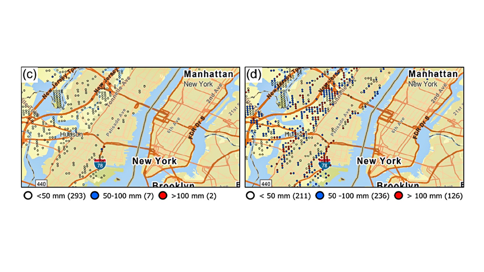 Extreme surface water depths (mm) in a 50-year event around New York in ‘Historic’ and ‘Future’ scenarios. (Image by Argonne National Laboratory.) 