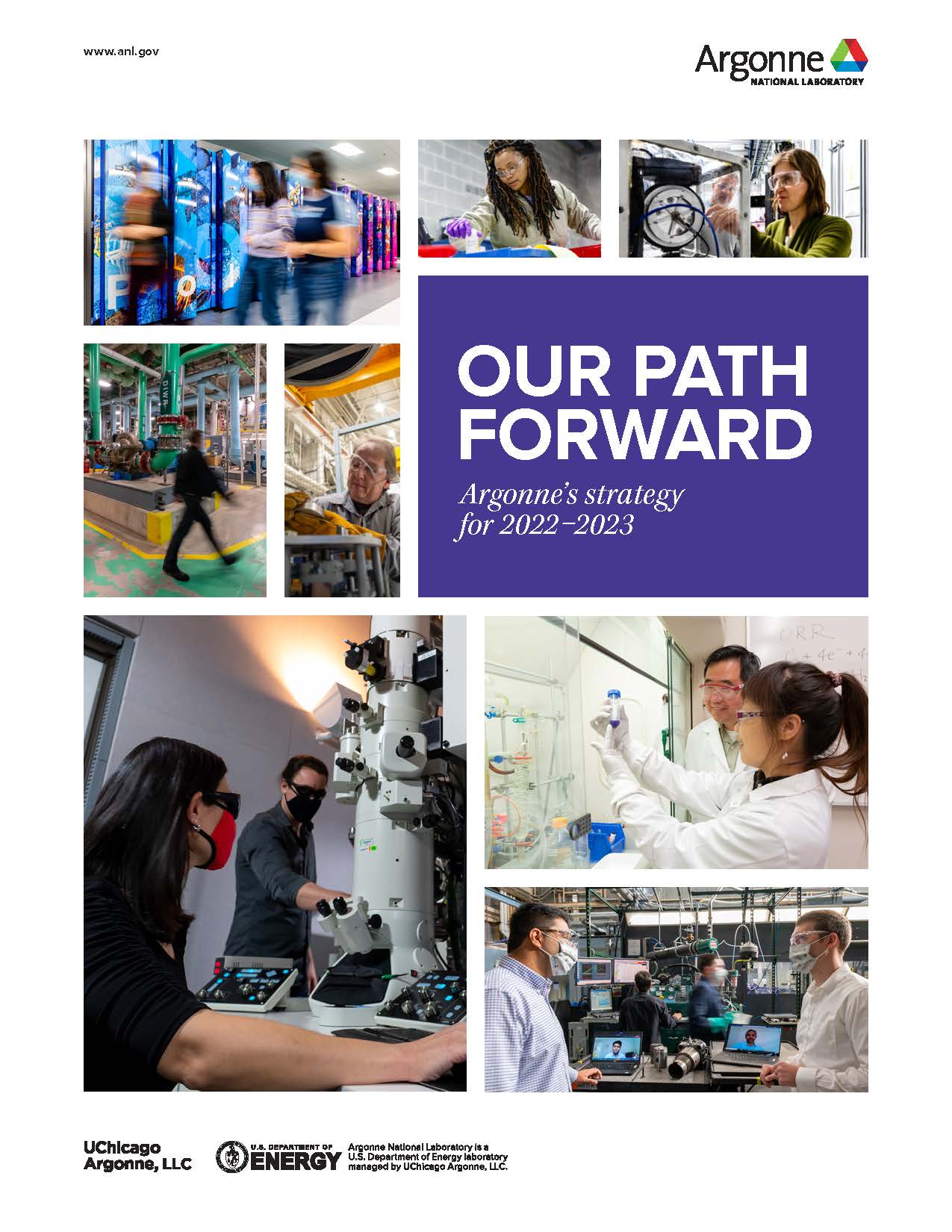Brochure cover with title and collage of photos featuring men and women working in labs, offices, and buildings at Argonne.