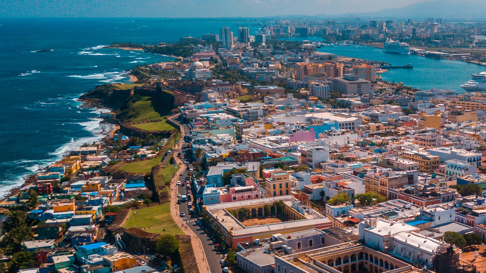Aerial view of Puerto Rico coast and city