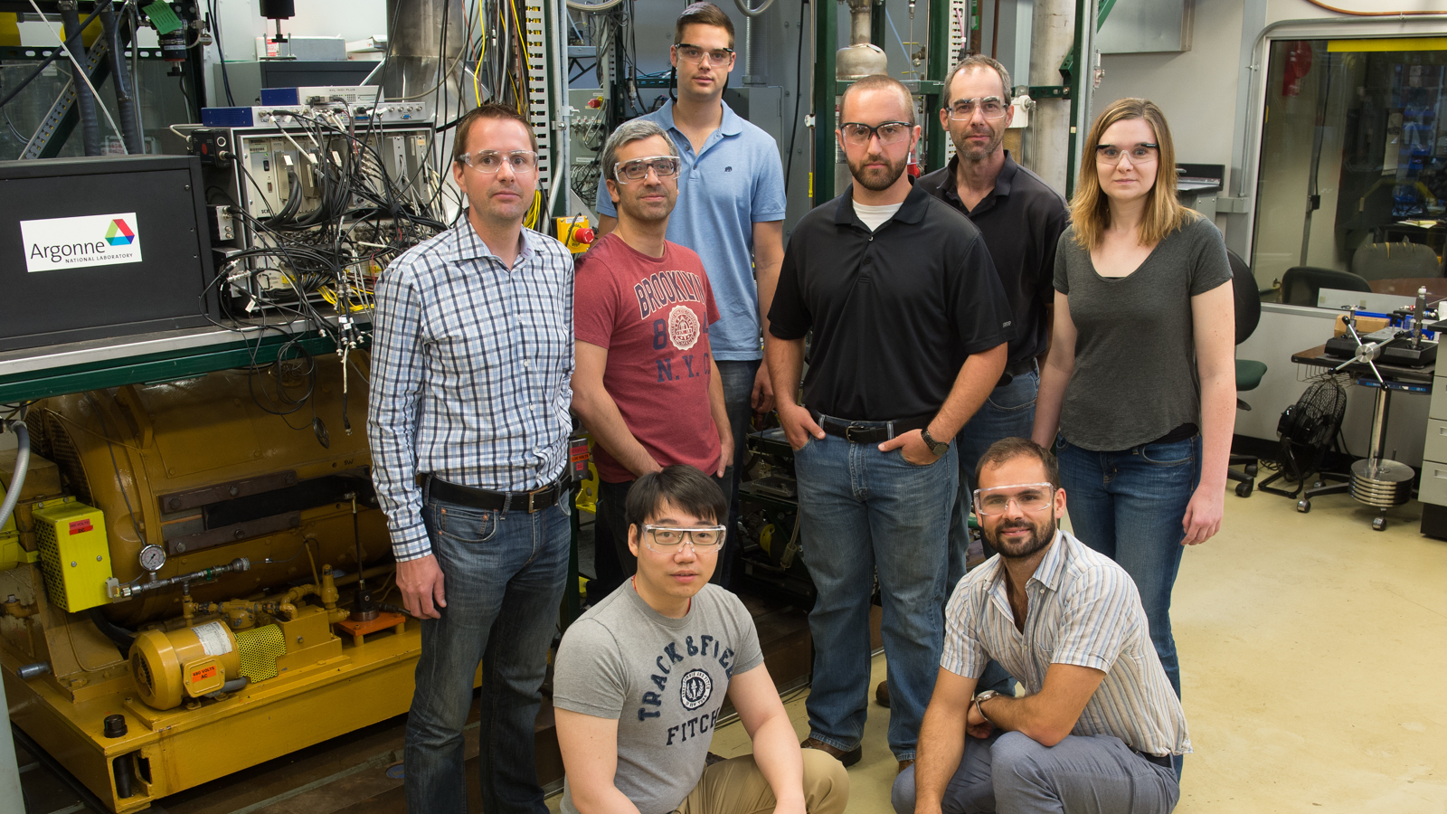 The research group includes, from left to right, kneeling: Anqi Zhang and Lorenzo Bartolucci; standing: Thomas Wallner, Riccardo Scarcelli, Michael Pamminger, Jim Sevik, Tim Rutter, and Carrie Hall.