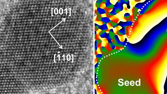 An electron microscope image of a nanodumbbell on the left and a seed and gold domains in the dumbbell in the image on right.