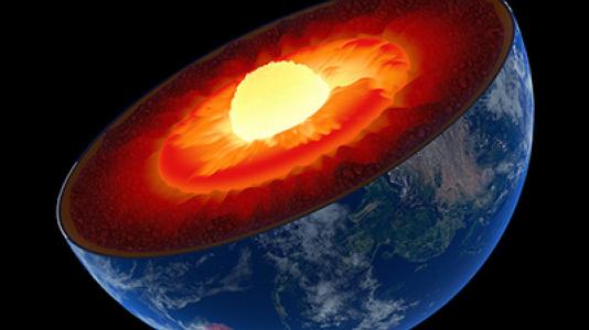 Layers of the earth's core: mantle (red), outer core (orange), and finally inner core (yellow-white). 
