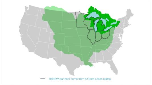 Map of the U.S. highlighting the Great Lakes region and the states involved in ReNEW.