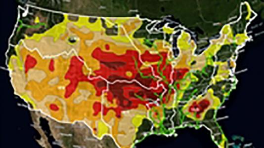 Map of U.S. showing drought areas near the Mississippi, Ohio, and Missouri Rivers.