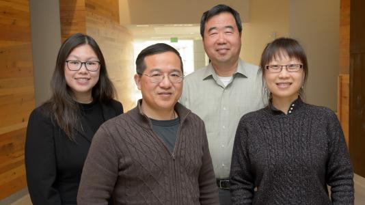 Argonne scientists Maria Chan, Jianguo Wen, Di-Jia Liu and Lina Chong have discovered a way to reduce the amount of platinum needed in catalysts for hydrogen fuel cells. (Image by Argonne National Laboratory.)