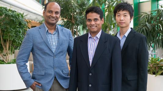 Principal investigator Subramanian Sankaranarayanan (left), and co-principal investigators Mathew Cherukara (center), Henry Chan (right) and Badri Narayanan (not pictured) are developing a new machine learning based software that will enable industry to more quickly and efficiently perform the molecular dynamics simulations they need to vet the performance of new materials for their products.