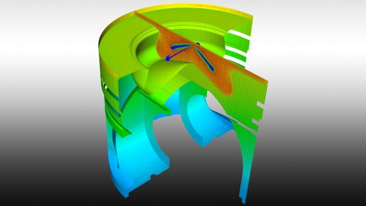 Researchers created this predictive cross-sectional view of an engine geometry showing in-cylinder and metal piston temperatures using a coupled conjugate heat transfer and computational fluid dynamics model.