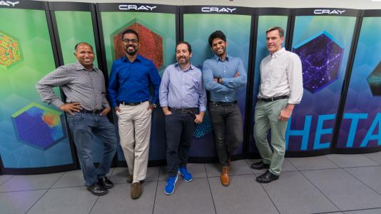 This team took steps in physics, computer science and materials science in order to design and test a new computer chip that can perform and adapt well on a minuscule amount of power. From left to right: Anil Mane, Prasanna Balaprakash, Angel Yanguas-Gil, Sandeep Madireddy and Jeff Elam.
