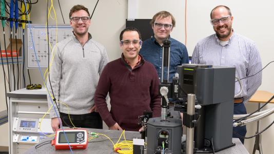 Argonne scientists, (left to right) Sean Sullivan, Gary Wolfowicz, Joseph Heremans and Alan Dibos, worked on the quantum loop project and demonstrated the operation of the testbed by generating, transmitting, and detecting optical pulses through one and then both fiber loops.