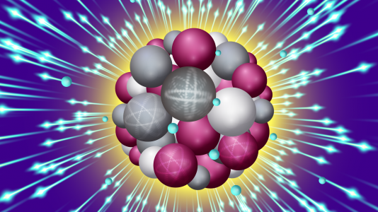 An intense X-ray pulse scatters off a sucrose cluster (red, white, and gray spheres are oxygen, carbon and hydrogen atoms, respectively) resulting in ejected electrons (blue spheres) and structural deformation. (Image by Stacy Huang.)