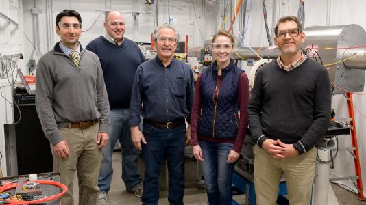Members of the collaboration that built the new instrument at the APS. From left: Michael Sangid, Purdue University; Aaron Stebner, Colorado School of Mines; Bob Suter, Carnegie Mellon University; Ashley Spear, University of Utah; and Jonathan Almer, X-ray Science Division, Argonne. Photo taken Dec. 2019.
