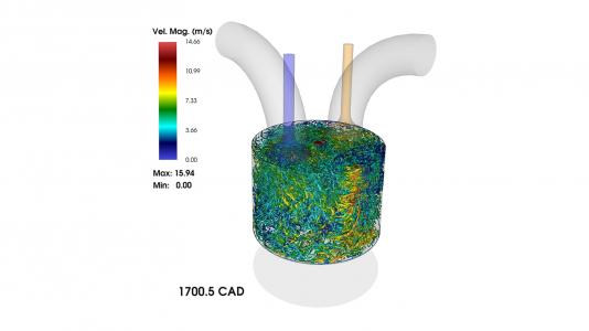 This is a snapshot of the groundbreaking simulation. During a compression stroke, the piston moves from the bottom-most to top-most position. As the piston moves up, the fluid motion inside the combustion chamber of the engine becomes even more turbulent.