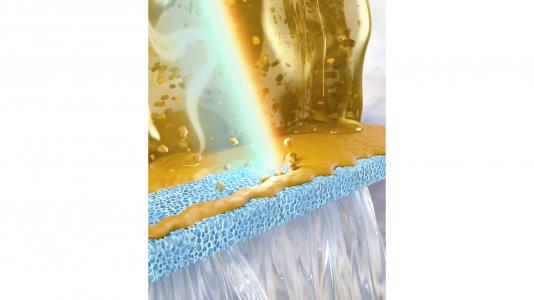 An artist's rendition of light-induced self-cleaning of a fouled membrane. (Image by Argonne National Laboratory.)