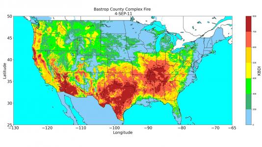 Predicted KBDI index on September 4, 2011, when the Bastrop County Complex Fire started in Texas. It was the most destructive wildfire in Texas history. (Image by Emily K. Brown, Argonne National Laboratory. [She made it while she was here as a student. She is no longer at Argonne.])