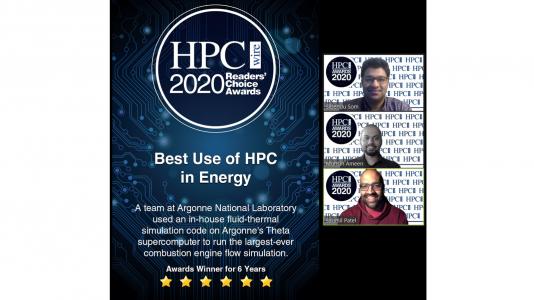 The Argonne team of Sibendu Som, Muhsin Ameen and Saumil Patel won the Readers’ Choice Award for Best Use of HPC in Energy. (Image by HPCwire.)