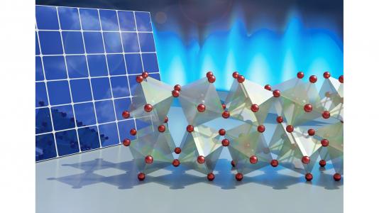 Illustration of the crystal structure of the perovskite. The molecules rotate about their hinges in two dimensions, which could explain the material’s photovoltaic abilities. (Image by Jill Hemman, Oak Ridge National Laboratory.)