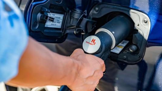 Photograph of hand on gas pump. (Image by Shutterstock/Literator.)