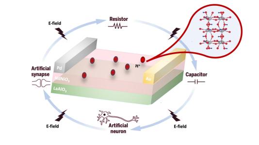 Illustration of functions, artificial synapse, artificial neuron, capacitor and resistor- red dots on flat layered object (Image by Argonne National Laboratory.)