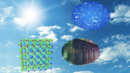 Composite image of array of blue, red and green dots, chemical symbols, supercomputer, on cloud background. (Image by Maria Chan/ Argonne National Laboratory.)