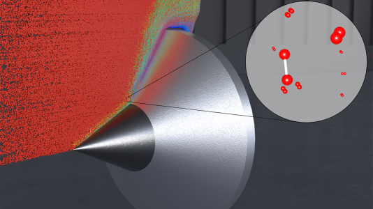 Rendition of cone shape and circle closeup with red dots. (Image by ALCF Visualization and Data Analytics Team/Air Force Research Laboratory.)