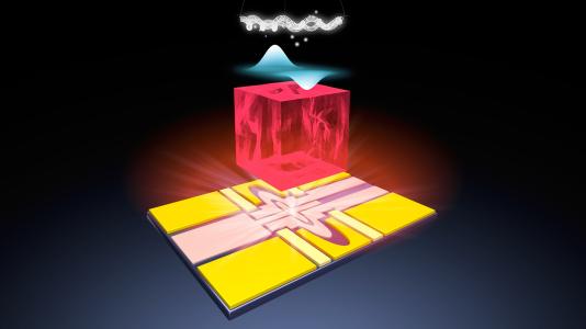 Layered graphic with white strand over a blue wavy flat object, over a red cube, over a yellow rectangle with cross-hatch.(Image by Argonne National Laboratory/ Dafei Jin.)