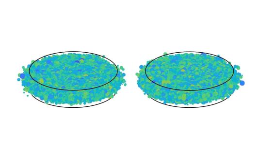 Illustration of two spheres, each with an oval line drawing above and below a blue/green multi-color center, side by side. (Image by Argonne National Laboratory.)
