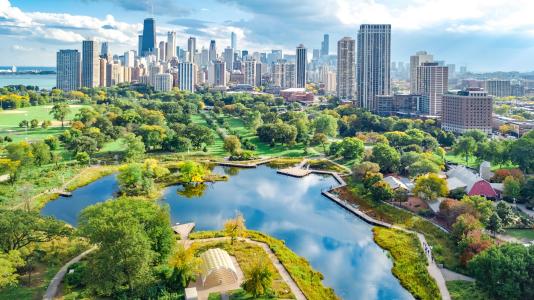 Photo of Chicago skyline from a lagoon in a park setting. (Image by Shutterstock/JaySi.)