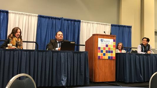 From left: Charles Tahan (White House Office of Science and Technology Policy), Kate Waimey Timmerman (Chicago Quantum Exchange), Margaret Martonosi (Princeton University) and Jerry Chow (IBM Quantum) discuss making quantum information science more broadly accessible at the 2023 AAAS Meeting.