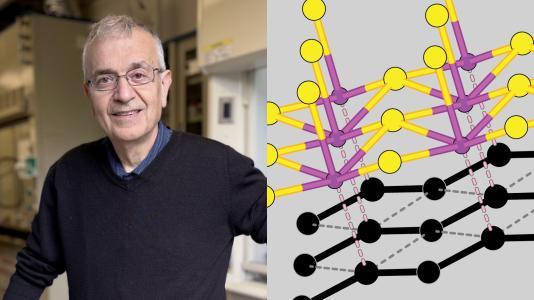 Mercouri Kanatzidis, Argonne and Northwestern University materials scientist, next to partial view of structure of kanatzidisite, a new mineral named after him.