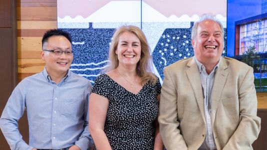 From left to right: Argonne researchers Wanjun Jiang, Suzanne G.E. te Velthuis, and Axel Hoffman published a new way to make magnetic skyrmion bubbles at room temperature. Photo by Mark Lopez/Argonne National Laboratory. 